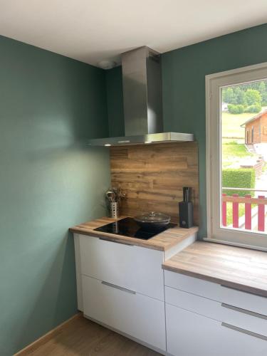 a kitchen with a counter with a sink and a window at Chalet Le Cèdre Bleu 10 p - 10 min de Gérardmer in Le Tholy