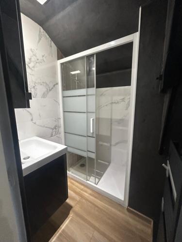 une salle de bain avec une douche en verre et un lavabo dans l'établissement HOTEL DIEU, à Bourges