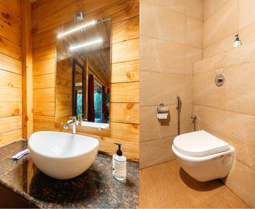 a bathroom with a white sink and a toilet at Treebo Rock Valley in Ponda