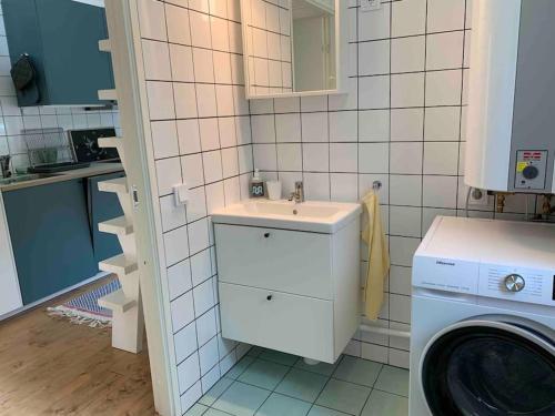 a bathroom with a sink and a washing machine at The Green House in Stockholm