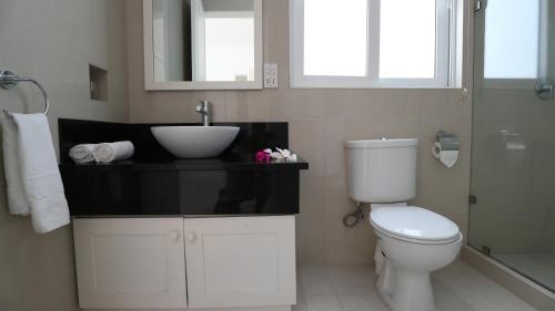 a bathroom with a sink and a toilet and a shower at Las Brisas Villa - Chateau Elysium in Beau Vallon