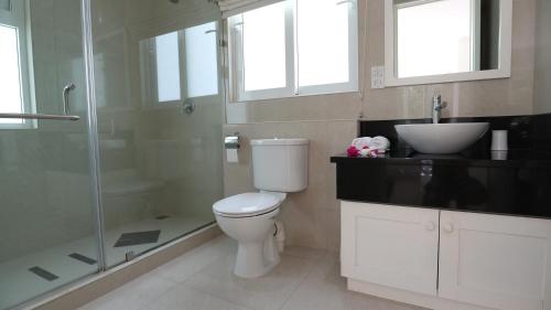 a bathroom with a toilet and a sink and a shower at Las Brisas Villa - Chateau Elysium in Beau Vallon