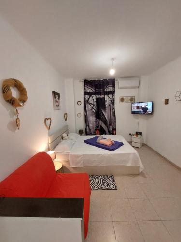 a bedroom with a bed and a couch and a tv at Anastasia1 apartments in Thessaloniki