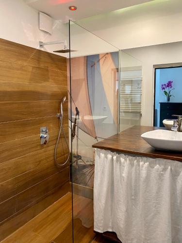 a bathroom with a sink and a glass shower at Apartment Storczykowa Airport in Gdańsk