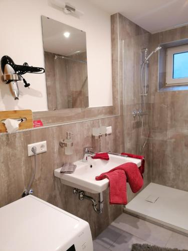 a bathroom with a white sink and a mirror at Ferienwohnung Dorn in Argenbühl