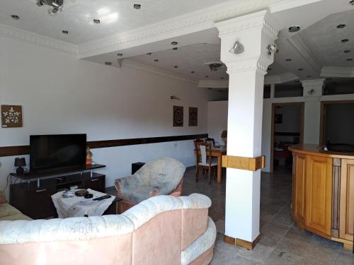 een woonkamer met 2 banken en een tv bij Apartman LOKI in Ulcinj