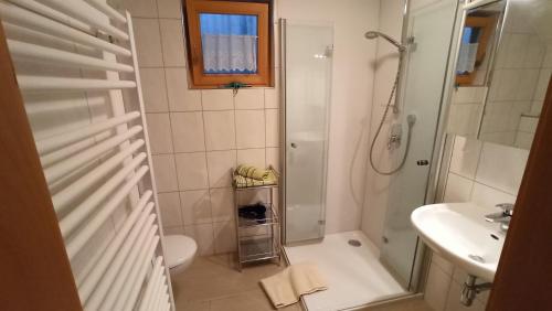 a bathroom with a shower and a toilet and a sink at Gästehaus Lutz in Mellau
