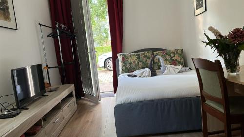 a bedroom with a bed and a tv and a window at Dubbelink 3A in Amsterdam