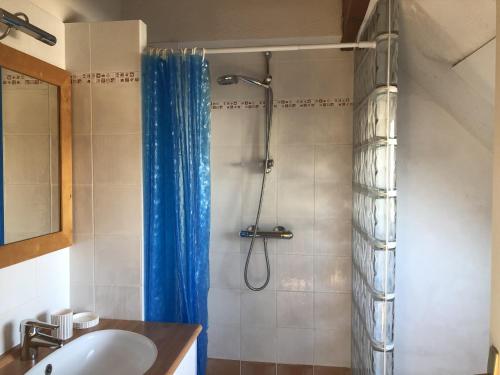 une salle de bain avec une douche avec un rideau de douche bleu dans l'établissement GARENNE - Duplex balcon, Plage 500m - T23, à Carnac