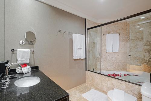 a bathroom with a shower and a sink and a toilet at Full Jazz by Slaviero Hotéis in Curitiba