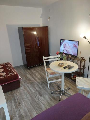 uma sala de estar com uma mesa e uma televisão em Apartman Rajac em Takovo