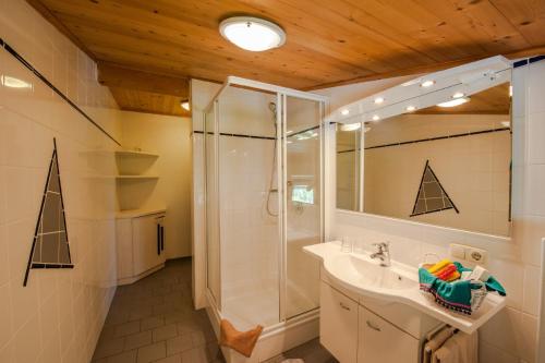 W łazience znajduje się prysznic, umywalka i lustro. w obiekcie Zugspitzhotel Diana Thörle w mieście Ehrwald