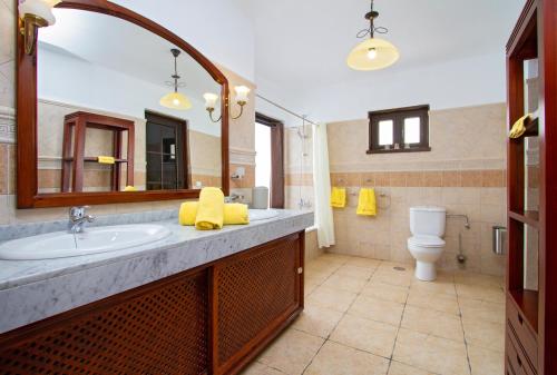 un bagno con lavandino, WC e specchio di Villa Haere Mai a La Asomada