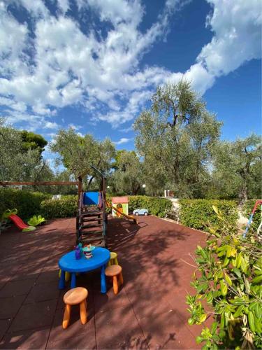 a patio with a blue table and two stools at Residence Alba in Vieste