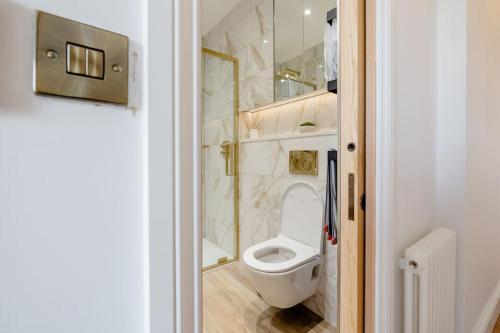 a bathroom with a white toilet in a room at Luxury flat on Fulham/Chelsea border in London