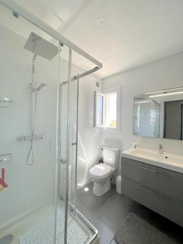 une salle de bain avec une douche, des toilettes et un lavabo dans l'établissement Agréable appartement situé au village 4B2063B, au Barcarès