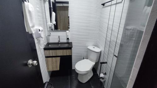 a bathroom with a white toilet and a sink at Hostel Boutique Nido de Loros in Medellín