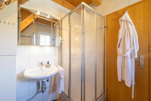 a bathroom with a sink and a shower at HA 17 - Strandvogt 3 Komfort in Schottwarden