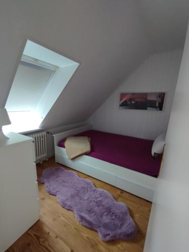 a bedroom with a purple bed in a attic at Apartment Wittorf in Neumünster