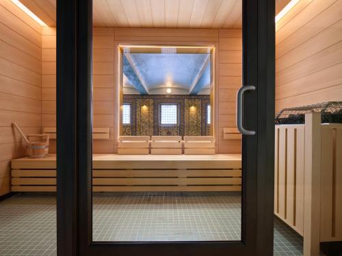 an inside view of a sauna with a window at 21c Museum Hotel St Louis in Saint Louis