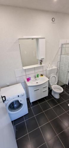 a bathroom with a toilet and a sink and a washing machine at Apartman MURKO P-2 