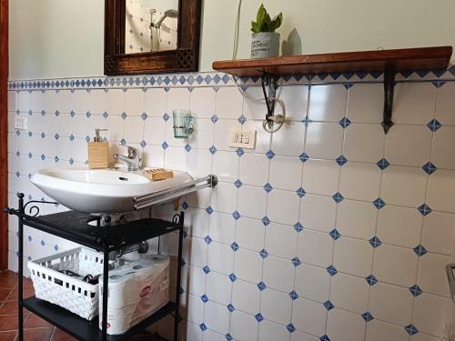 un bagno con pareti piastrellate in blu e bianco e un lavandino di Aspromonte Yellow House a Bitonto