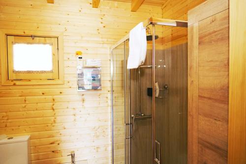 a bathroom with a shower in a wooden wall at Villa Ramiro in Celorico de Basto