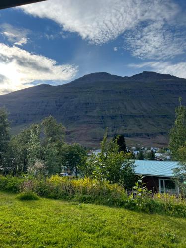 a view of a mountain with a house in a field at Cozy apartment in Seydisfjordur in Seyðisfjörður