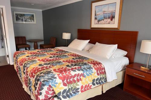 サンタクルーズにあるThe Islander Motel Santa Cruzのベッドルーム1室(大型ベッド1台、カラフルな毛布付)