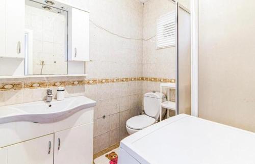 La salle de bains est pourvue de toilettes, d'un lavabo et d'un miroir. dans l'établissement Luxury and comfortable flat in Ortakoy, à Istanbul