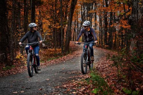 two people riding bikes down a trail in the woods at Le Joford in Orford