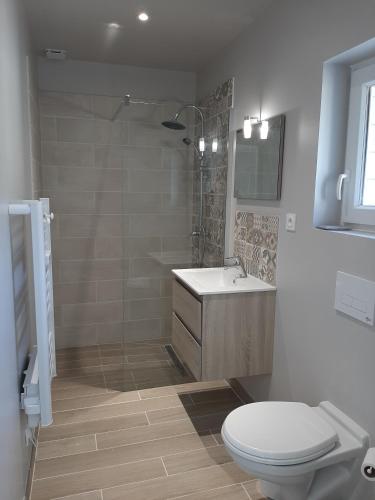 W łazience znajduje się toaleta, umywalka i prysznic. w obiekcie gîte belle vue w mieście Yport