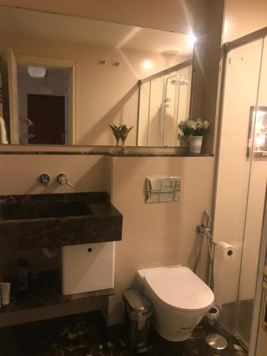 y baño con lavabo, aseo y espejo. en Málaga Habitación en Apartamento Carlos Haya, en Málaga