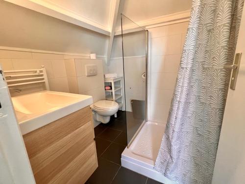 a bathroom with a shower and a sink and a toilet at Church Square Studio in Zandvoort