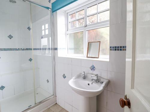 La salle de bains est pourvue d'un lavabo et d'une douche. dans l'établissement Is Y Deri, à Harlech