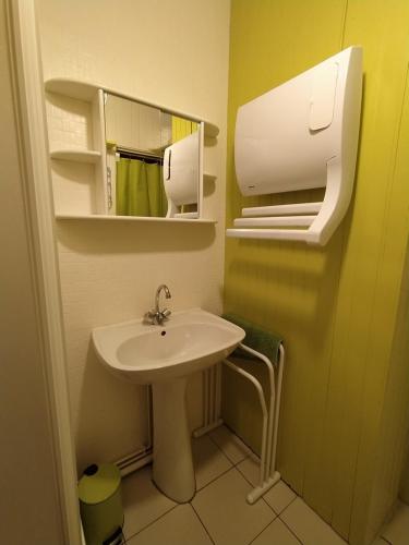 małą łazienkę z umywalką i lustrem. w obiekcie Studio 3 personnes au pied des piste plateau de Bonascre - Ax 3 domaines Eté Hiver w mieście Ax-les-Thermes