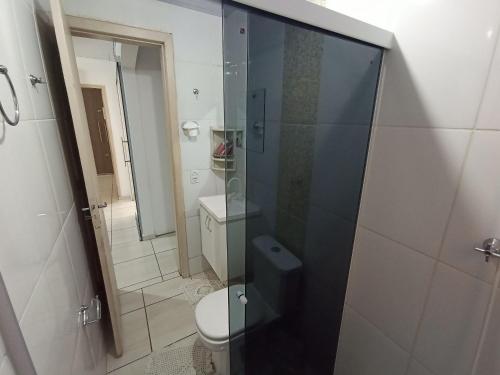 La salle de bains est pourvue de toilettes et d'une douche en verre. dans l'établissement Casa Super Econômica com Café, à Foz do Iguaçu