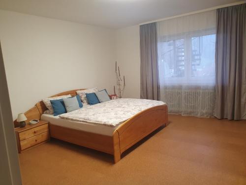 FreudenbergにあるUrlaubsruheのベッドルーム1室(青い枕のベッド1台、窓付)
