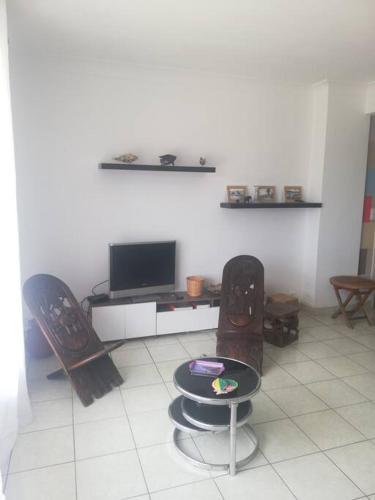 a living room with two chairs and a television at Appartement Saint Raphaël la La Palmeraie in Saint-Raphaël