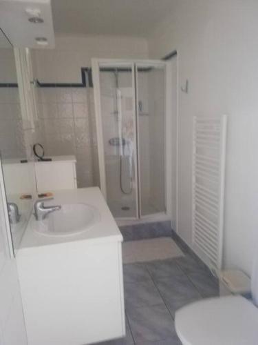 une salle de bain blanche avec une douche et un lavabo dans l'établissement Appartement Saint Raphaël, à Saint-Raphaël