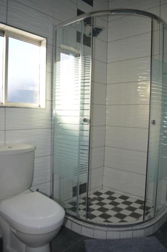 a bathroom with a toilet and a glass shower at DreamSleep in East London