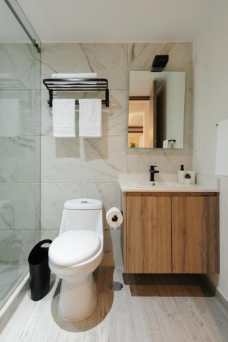 a bathroom with a toilet and a sink and a mirror at Choapan 28 - Lux Apartments in Condesa in Mexico City