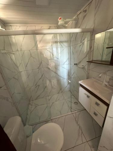 a bathroom with a shower and a toilet and a sink at Flat Recanto da Natureza in Cabo de Santo Agostinho