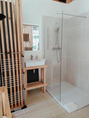 une salle de bain avec un lavabo et une douche dans l'établissement Villa 2008, à Chichée