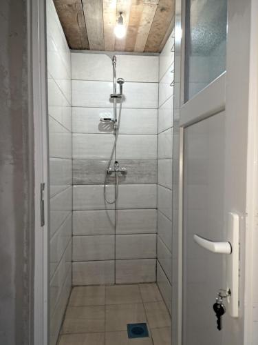 W łazience znajduje się prysznic ze szklanymi drzwiami. w obiekcie MFN - Šator 1 w mieście Visoko