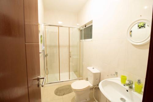 a bathroom with a shower and a toilet and a sink at Vannimar Lounge in Porto Novo