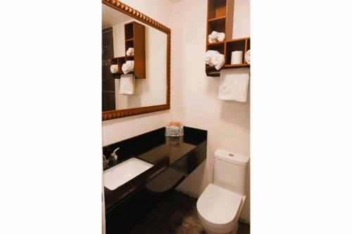 bagno con servizi igienici, lavandino e specchio di HomeTown Inn By OYO Lakin, KS a Lakin