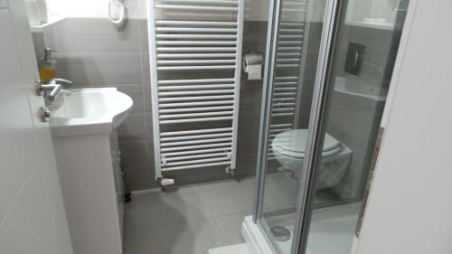a small bathroom with a toilet and a sink at Hostel Levicki in Slavonski Brod