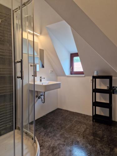 a attic bathroom with a sink and a shower at Ausblick Freital in Freital