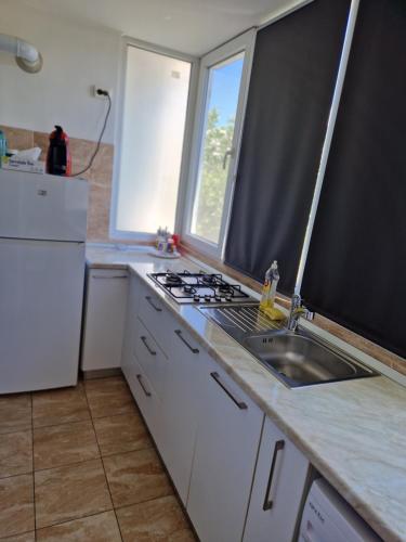 a kitchen with a sink and a stove and two windows at Studio modern. in Bucharest